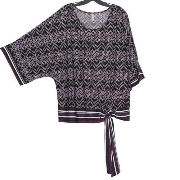 PerSeption Top Boho Tie Front Comfort Travel Resort Stretch Black Purple Size 2X - Picture 1 of 5